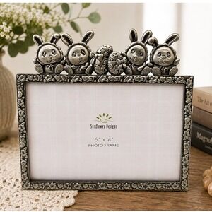 Sunflower Designs Bunny Rabbit 4x6 Photo Frame Easter Eggs Floral Silver Tone